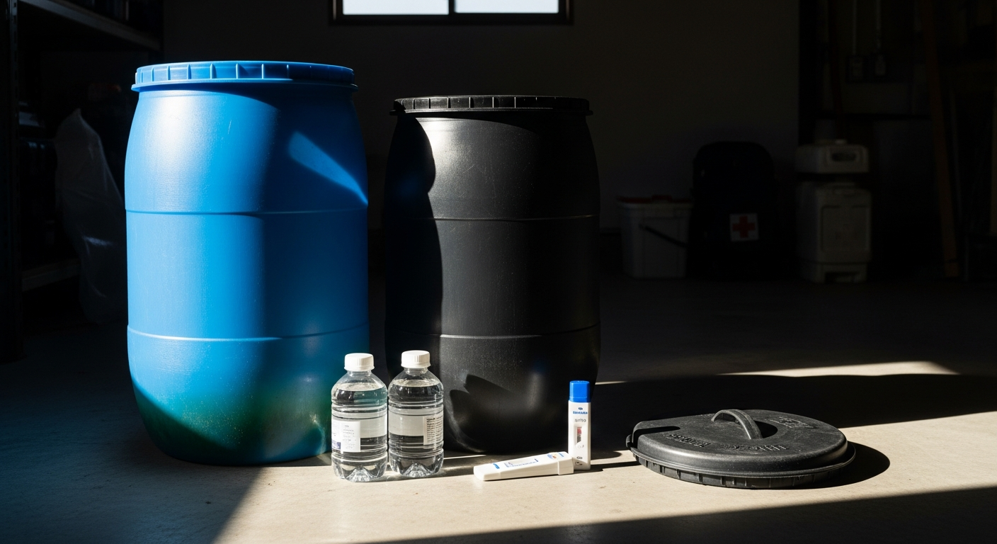 米国プレッパーが55ガロン水備蓄2ヶ月で藻発生|遮光と塩素管理の盲点