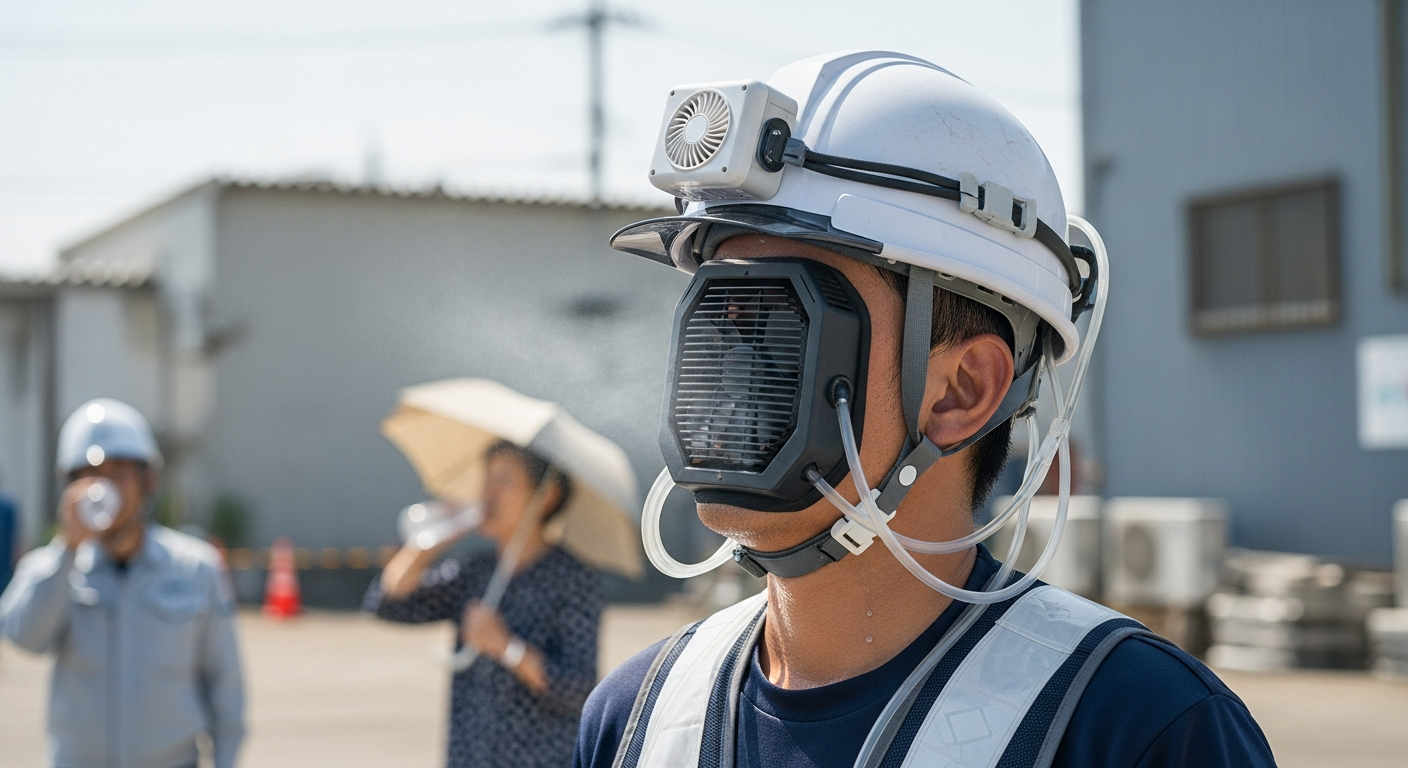 空調ウェアの風がヘルメット内を冷却|新製品で頭部熱中症対策